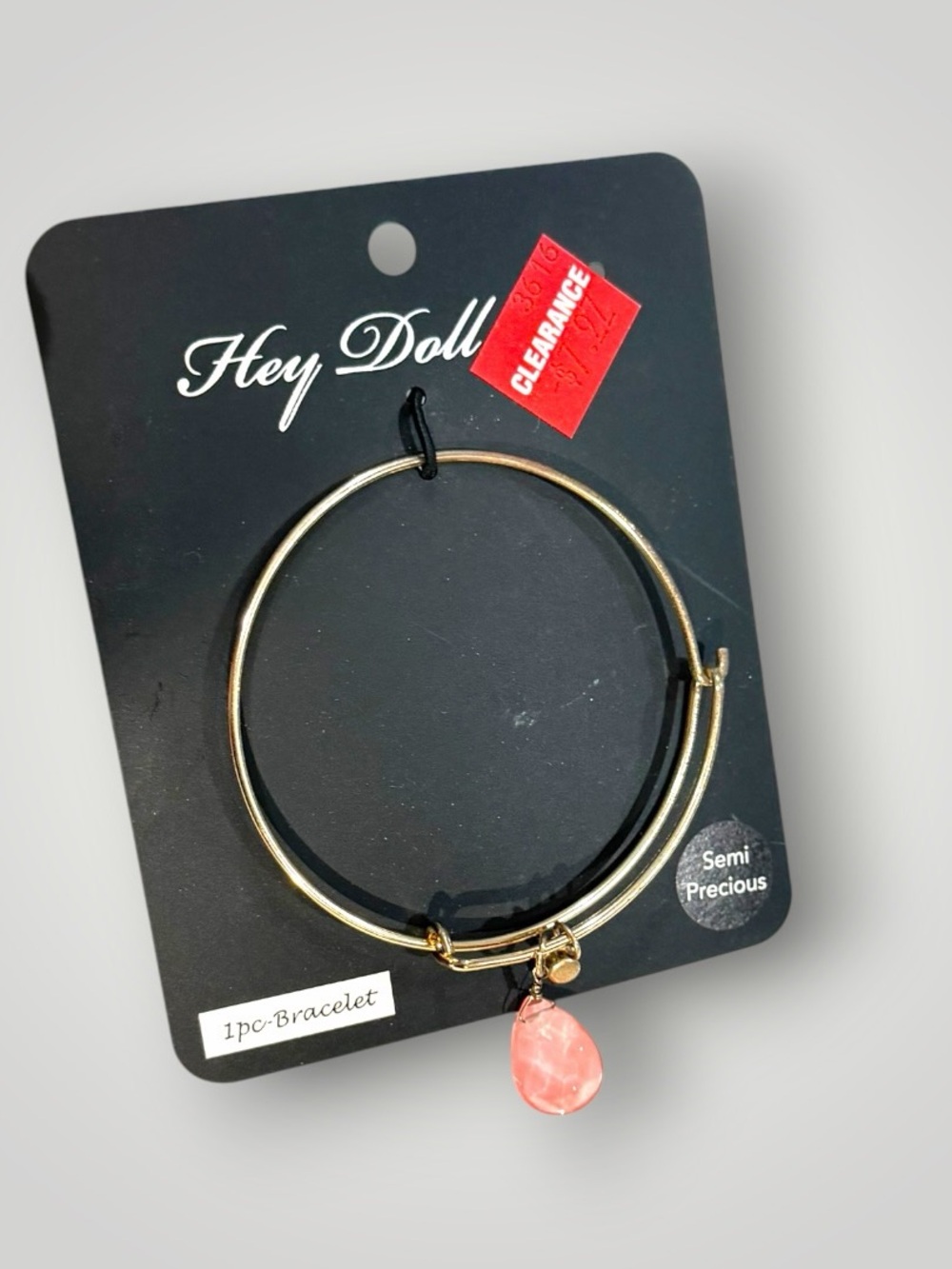 Gold Bangle Bracelet with Pink Teardrop Charm- Semi Precious